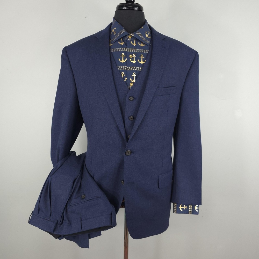 Ralph Ralph Lauren Suit Mens 46L* 38x29 Blue Wool 3 Piece Vest Business Formal
